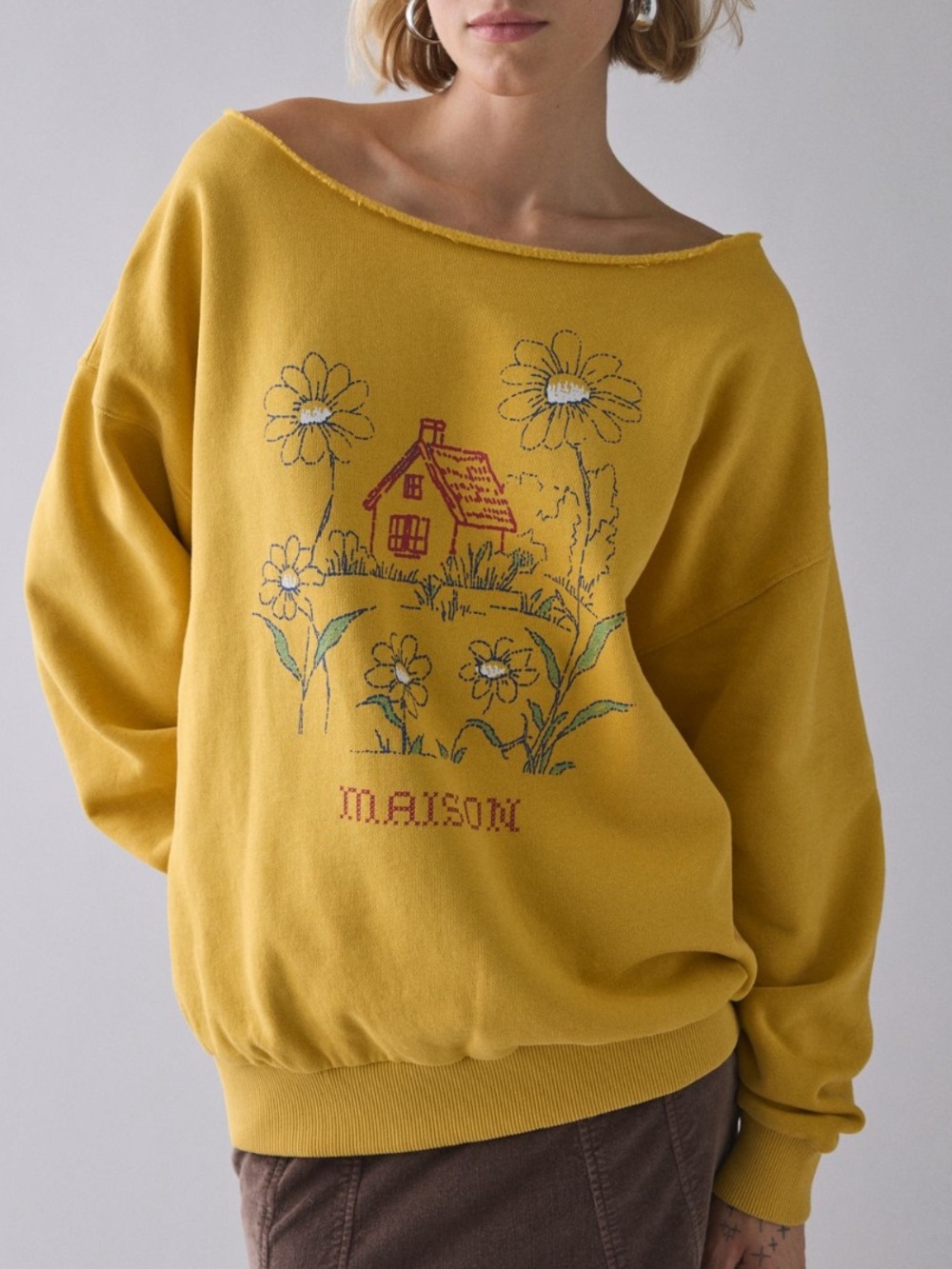 URBAN OUTFITTERS Maison Cross Stitch Graphic Off-The-Shoulder Oversized Pullover